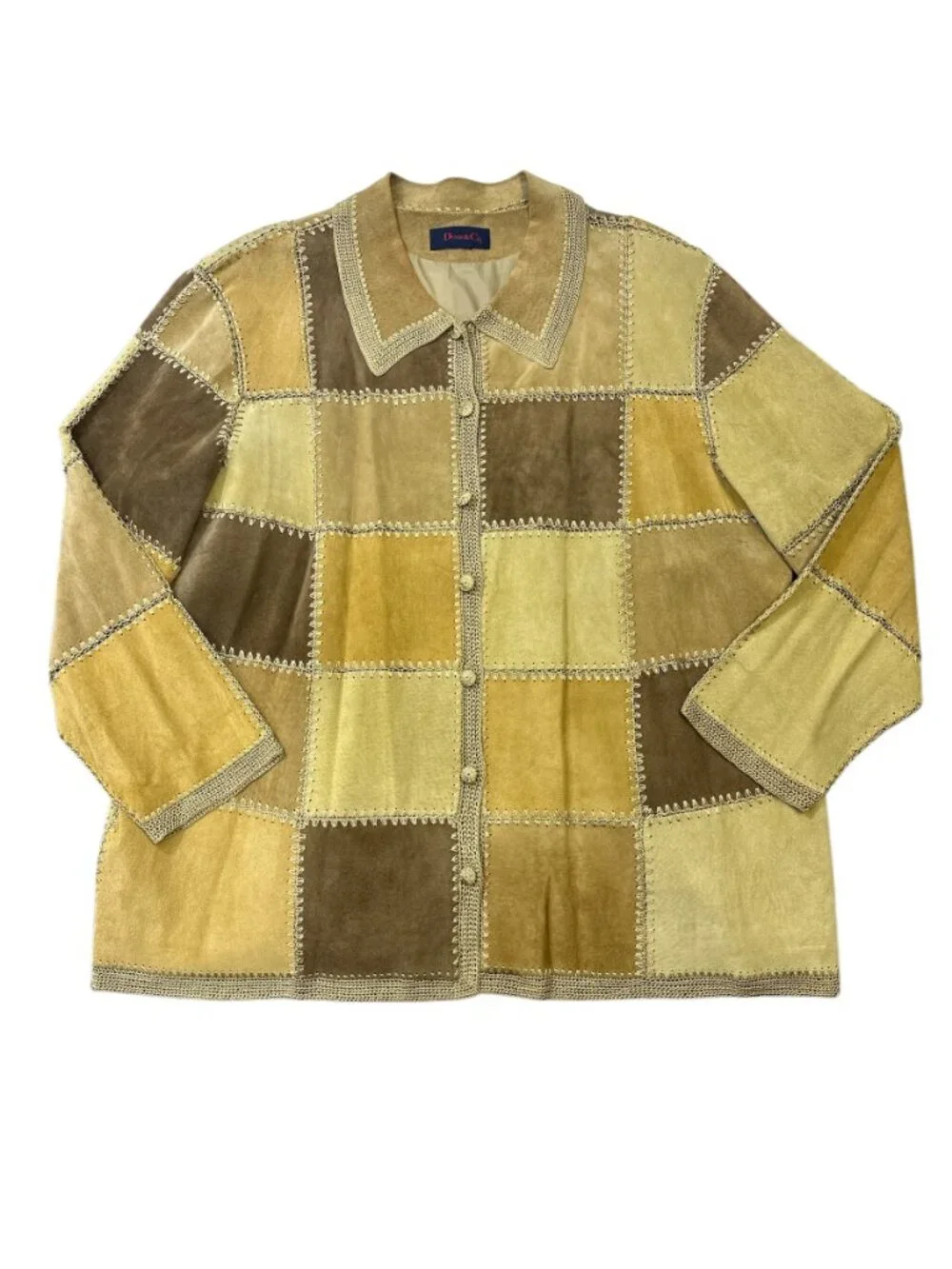 Denim & Co Womens 2X Patchwork Leather Suede Jacket Tan Brown Crochet Stitch 70s
